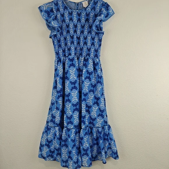 J. Marie Nwot The Luna Ruched Midi Floral Blue Dress Ruffle Sleeves Sz Medium - Picture 4 of 16